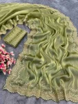 RICH LOOK GMY CHIFFON SILK SEQUENCE WORK SAREE WITH UNSTITCHED BLOUSE PISTA