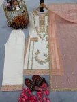 RICH LOOK GMY SILK EMBROIDERY SEQUENCE WORK WITH RIVET MOTI WORK TOP BOTTOM WITH DUPATTA WHITE AND PEACH