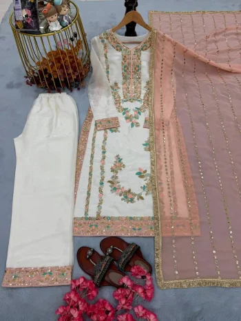 RICH LOOK GMY SILK EMBROIDERY SEQUENCE WORK WITH RIVET MOTI WORK TOP BOTTOM WITH DUPATTA WHITE AND PEACH