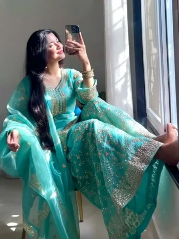 RICH LOOK JIMMY CHOO EMBROIDERY 3MM SEQUENCE & CODING DORI WORK WITH MOTI HAND WORK TOP PALAZZO WITH DUPATTA RAMA