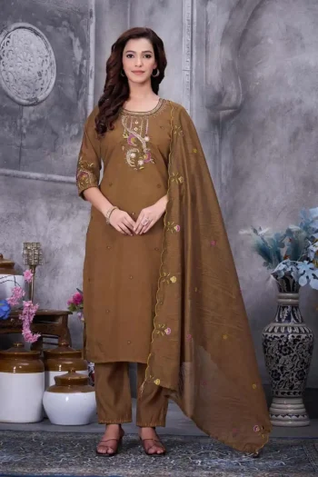 RICH LOOK ROMAN SILK MULTI EMBROIDERY THREAD WITH HAND WORK TOP BOTTOM WITH DUPATTA CHIKU
