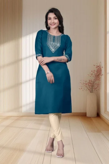 RICH LOOK TESLA COTTON EMBROIDERY WORK ONLY KURTI TEAL