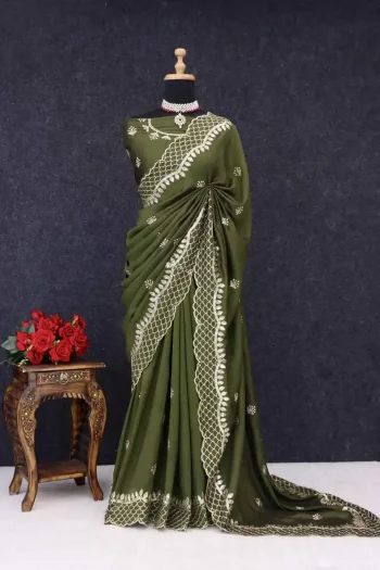 RICH LOOK VICHITRA SILK SEQUENCE THREAD EMBROIEDRY WORK SAREE WITH UNSTITCHED BLOUSE MEHNDI