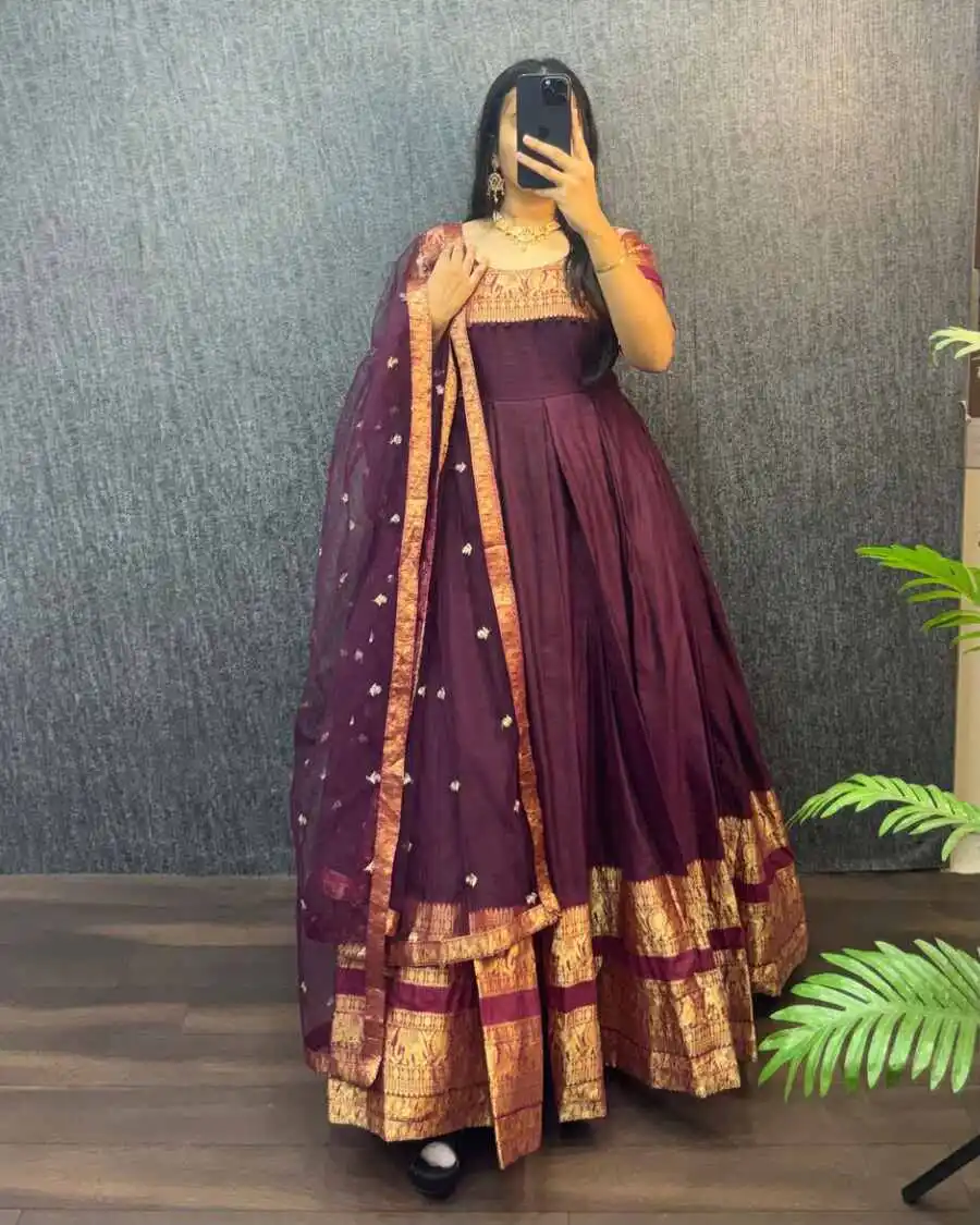 1TRADITIONAL NARYANPET SILK BORDER WORK GOWN WITH NET DUPATTA FESTIVE WEAR WHOLESALE PRICE ETHNIC GARMENT (47)