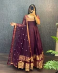 TRADITIONAL NARYANPET SILK BORDER WORK GOWN WITH NET DUPATTA WINE