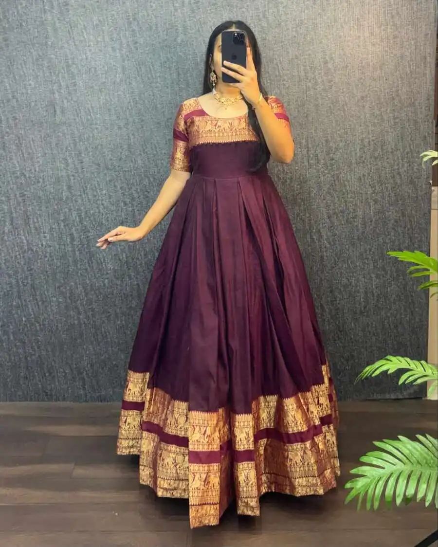 1TRADITIONAL NARYANPET SILK BORDER WORK GOWN WITH NET DUPATTA FESTIVE WEAR WHOLESALE PRICE ETHNIC GARMENT (52)