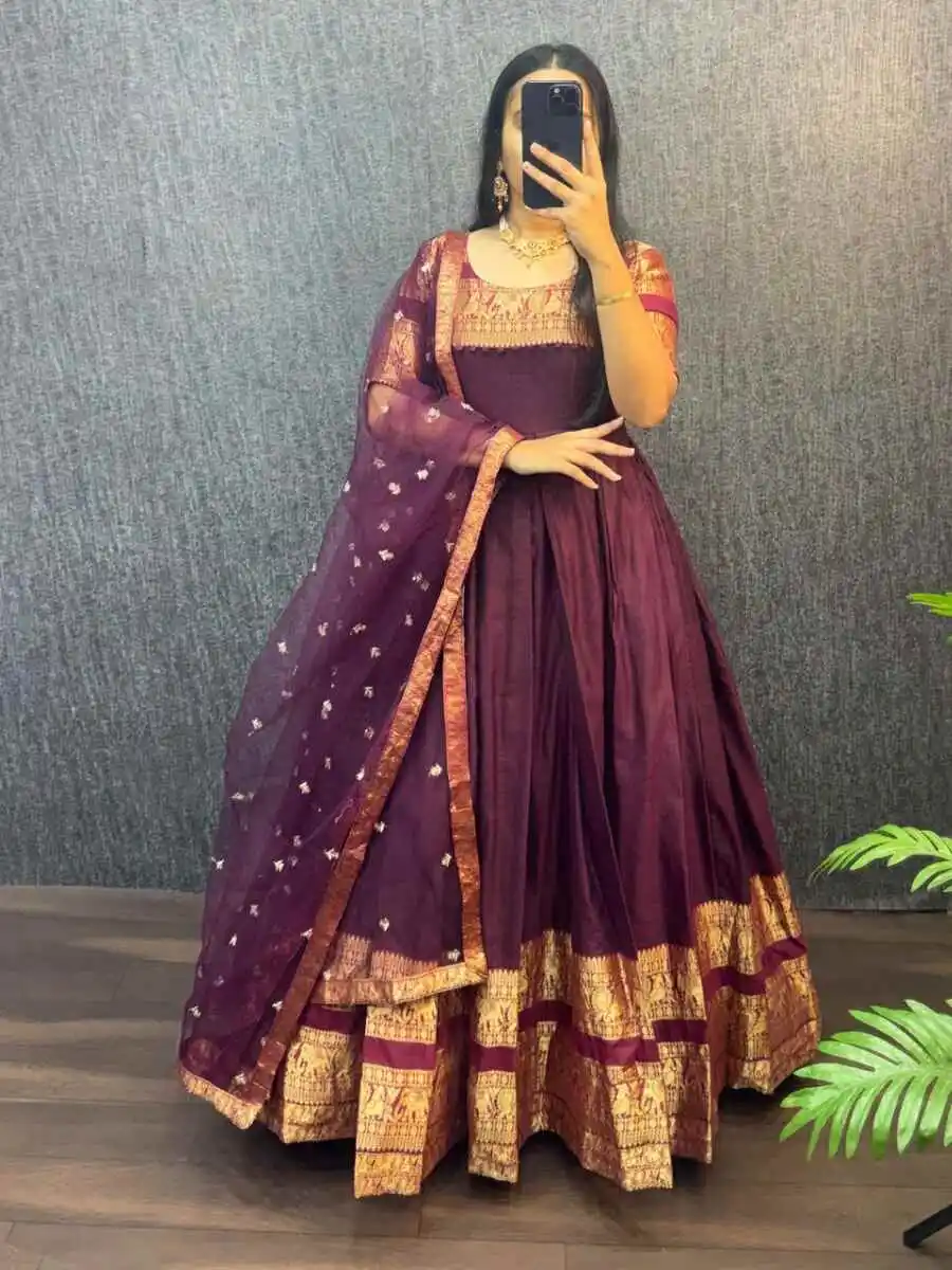 1TRADITIONAL NARYANPET SILK BORDER WORK GOWN WITH NET DUPATTA FESTIVE WEAR WHOLESALE PRICE ETHNIC GARMENT (53)