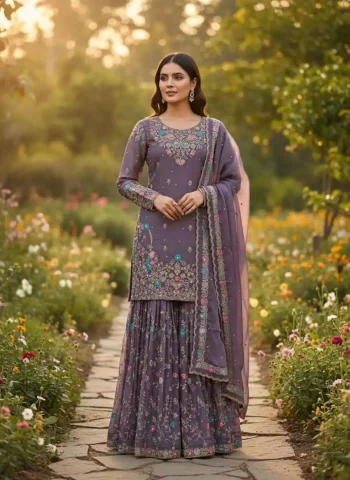DESIGNER JMC SILK THREAD WITH SEQUENCE WITH RIVET MOTI WORK TOP SHARARA WITH DUPATTA PURPLE