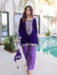 DESIGNER VELVET ZARI CODING EMBROIDERY WORK TOP PENT WITH BATWA PURPLE
