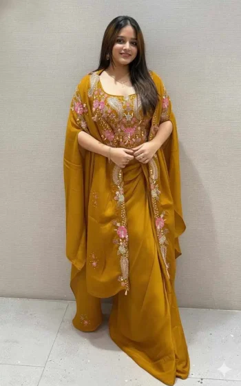 RICH LOOK RANGOLI SILK SEQUENCE EMBROIDERY WORK BLOUSE DRAPE SKIRT WITH SHRUG YELLOW