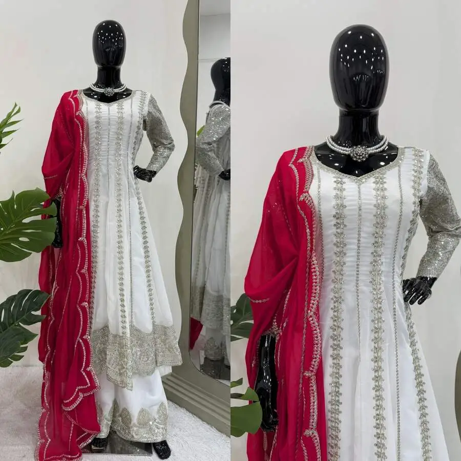 25DESIGNER GEORGETTE SEQUENCE WITH STYLISH THREAD WORK GOWN PALAZZO WITH DUPATTA FESTIVE WEAR WHOLESALE PRICE ETHNIC GARMENT (12)