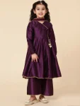 FANCY SILK WOVEN MOTI-LACE BORDER WORK KID'S TOP BOTTOM WITH DUPATTA WINE
