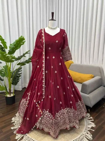 DESIGNER FENDY SILK THREAD WITH SEQUNCE WORK GOWN BOTTOM WITH DUPATTA MAROON