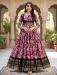 MODERN SOFT SILK KALAMKARI PRINT WITH WEAVING ZARI BORDER WORK GOWN PINK