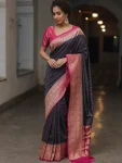 MOST PICKED LICHI SILK JACQUARD WORK SAREE WITH UNSTITCHED BLOUSE NAVY BLUE AND PINK
