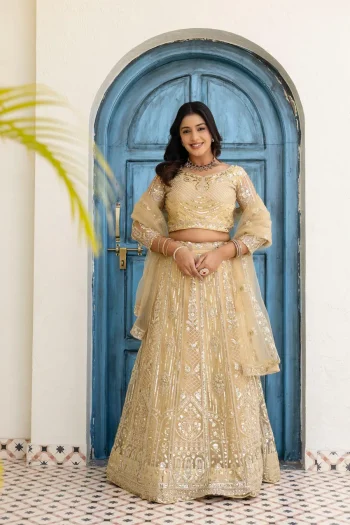 DESIGNER BUTTERFLY NET SEQUENCE AND CODING EMBROIDERY WORK LEHENGA CHOLI WITH DUPATTA CREAM