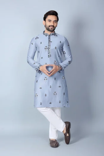DESIGNER CHANDERI SILK EMBROIDERY SEQUENCE WORK MEN'S KURTA PAYJAMA SKY