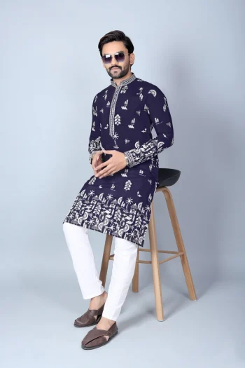 DESIGNER CHANDERI SILK EMBROIDERY SEQUENCE WORK MEN'S KURTA PAYJAMA NAVY BLUE