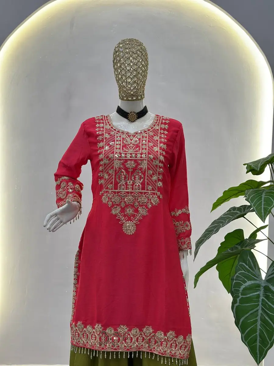 2DESIGNER CHINON SILK EMBROIDERY CODING SEQUENCE WORK TOP PALAZZO WITH DUPATTA FESTIVE WEAR WHOLESALE PRICE ETHNIC GARMENT (29)