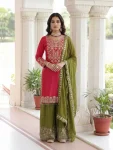 DESIGNER CHINON SILK EMBROIDERY CODING SEQUENCE WORK TOP PALAZZO WITH DUPATTA RANI AND GREEN