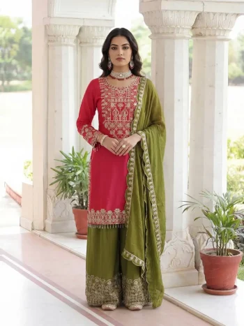 DESIGNER CHINON SILK EMBROIDERY CODING SEQUENCE WORK TOP PALAZZO WITH DUPATTA RANI AND GREEN
