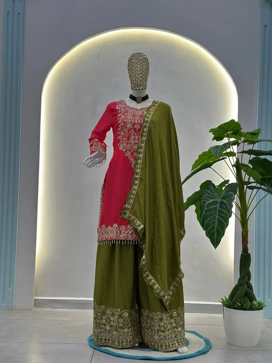 2DESIGNER CHINON SILK EMBROIDERY CODING SEQUENCE WORK TOP PALAZZO WITH DUPATTA FESTIVE WEAR WHOLESALE PRICE ETHNIC GARMENT (35)