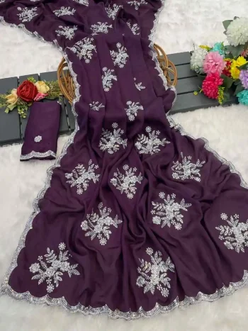 DESIGNER CHINON WHITE SILVER ZARI EMBROIDERY WORK SAREE WITH UNSTITCHED BLOUSE WINE