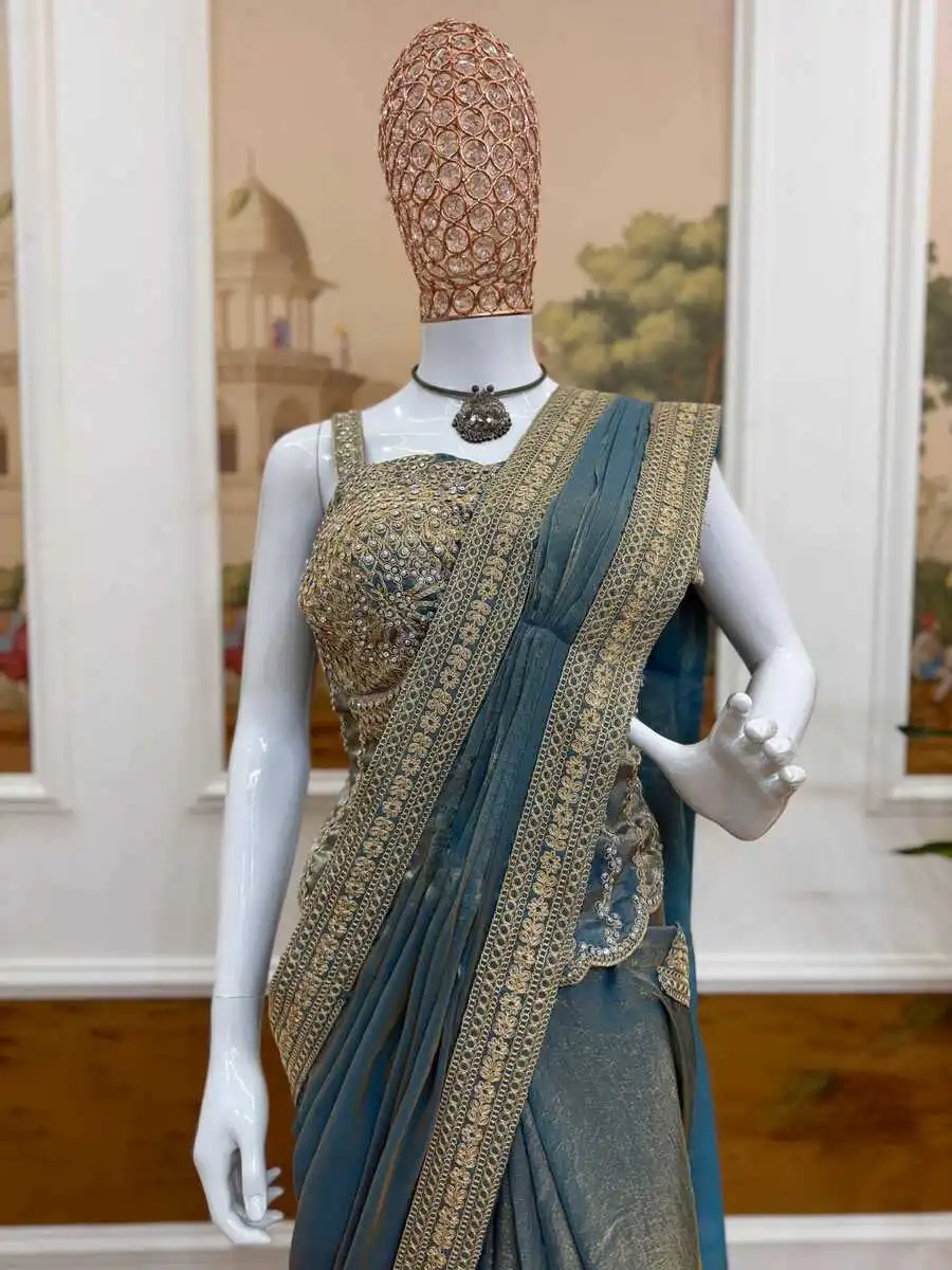 2DESIGNER FENDY SATIN EMBROIDERY LACE BORDER WORK READY TO WEAR SAREE WITH STITCHED BLOUSE PARTY WEAR WHOLESALE PRICE ETHNIC GARMENT (12)