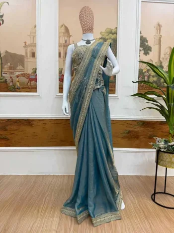 DESIGNER FENDY SATIN EMBROIDERY LACE BORDER WORK READY TO WEAR SAREE WITH STITCHED BLOUSE SKY