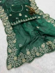 DESIGNER FENDY SATIN EMBROIDERY WORK AND MULTI THREAD WORK WITH ARC CUT WORK BORDER SAREE WITH UNSTITCHED BLOUSE GREEN
