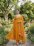 DESIGNER FENDY SATIN RAMBO SEQUENCE EMBROIDERY WORK GOWN BOTTOM WITH DUPATTA YELLOW