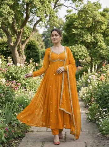 DESIGNER FENDY SATIN RAMBO SEQUENCE EMBROIDERY WORK GOWN BOTTOM WITH DUPATTA YELLOW