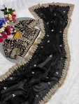 DESIGNER FENDY SATIN SILK EMBROIDERY SEQUENCE & CODING WITH CUT WORK BORDER SAREE WITH STITCHED BLOUSE BLACK
