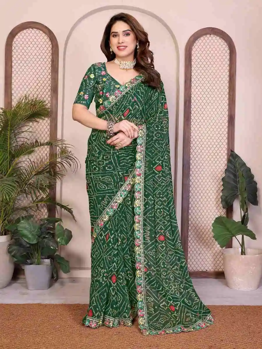 2DESIGNER GEORGETTE BANDHEJ PRINT WITH CUTWORK LACE BORDER WORK SAREE WITH UNSTITCHED BLOUSE FESTIVE WEAR WHOLESALE PRICE ETHNIC GARMENT (15)