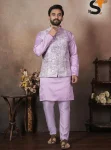 DESIGNER MALAI SATIN KURTA PAYJAMA WITH JACQUARD KOTI LAVENDER