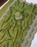 DESIGNER MOSS SILK MULTI EMBROIDERY WITH CUT BORDER AND DIAMOND WORK SAREE WITH UNSTITCHED BLOUSE GREEN