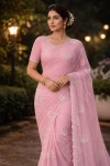 DESIGNER ORGNAZA HAND JARKHAN AND DIAMOND WORK SAREE WITH UNSTITCHED BLOUSE BABY PINK