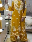 DESIGNER RAYON COTTON EMBROIDERY WORK KURTI PALAZZO SET YELLOW