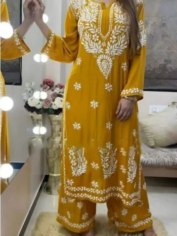 DESIGNER RAYON COTTON EMBROIDERY WORK KURTI PALAZZO SET YELLOW