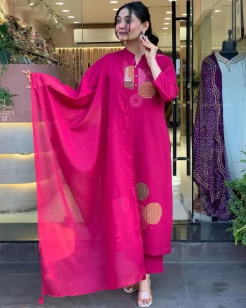 DESIGNER ROMAN EMBROIDERY WORK TOP BOTTOM WITH DUPATTA PINK