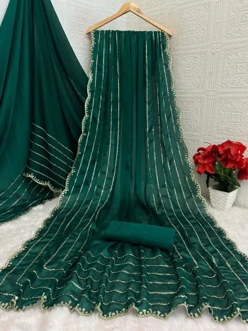 DESIGNER SATIN CHIFFON EMBROIDERY 3 MM SEQUENCE WORK HEAVY BORDER WORK SAREE WITH UNSTITCHED BLOUSE GREEN