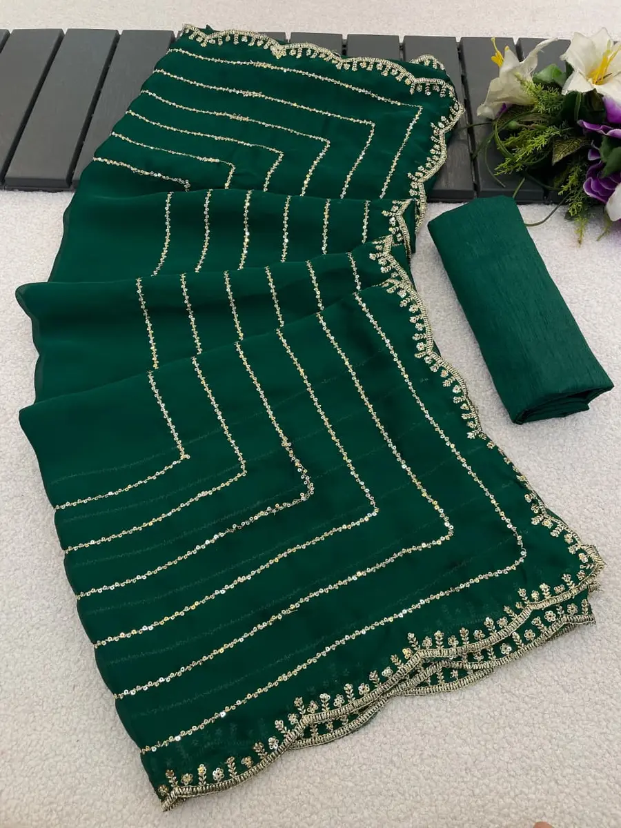 2DESIGNER SATIN CHIFFON EMBROIDERY 3 MM SEQUENCE WORK HEAVY BORDER WORK SAREE WITH UNSTITCHED BLOUSE FESTIVE WEAR WHOLESALE PRICE ETHNIC GARMENT (6)