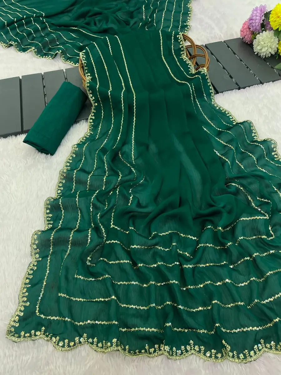 2DESIGNER SATIN CHIFFON EMBROIDERY 3 MM SEQUENCE WORK HEAVY BORDER WORK SAREE WITH UNSTITCHED BLOUSE FESTIVE WEAR WHOLESALE PRICE ETHNIC GARMENT (7)
