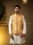 2DESIGNER SLUB SILK PLAIN MEN’S KURTA PAYJAMA WITH 3D WEAVING WORK KOTI PARTY WEAR WHOLESALE PRICE ETHNIC GARMENT (22)
