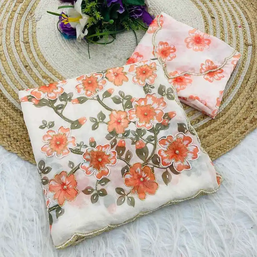 2DESIGNER TABBY ORGANZA FLORAL PRINTS WITH BEADS AND CUT DANA HANDWORK SAREE WITH UNSTITCHED BLOUSE PARTY WEAR WHOLESALE PRICE ETHNIC GARMENT (8)