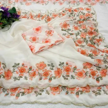 DESIGNER TABBY ORGANZA FLORAL PRINTS WITH BEADS AND CUT DANA HANDWORK SAREE WITH UNSTITCHED BLOUSE ORANGE
