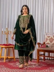 DESIGNER VELVET EMBROIDERY SEQUENCE WORK TOP BOTTOM WITH DUPATTA GREEN