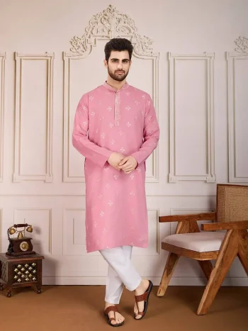 FANCY COTTON EMBROIDERY WORK MEN'S KURTA PAYJAMA BABY PINK