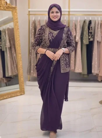 FANCY GEORGETTE EMBROIDERY WORK READY TO WEAR SAREE WITH STITCHED BLOUSE AND KOTI WITH WASIT BELT WINE