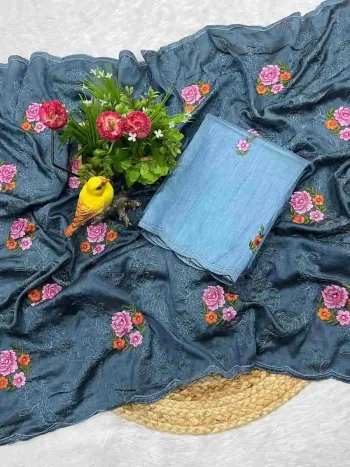 FANCY MANIPURI SILK MULTI THREAD EMBROIDERY WORK WITH CUTWORK SAREE WITH UNSTITCHED BLOUSE TEAL